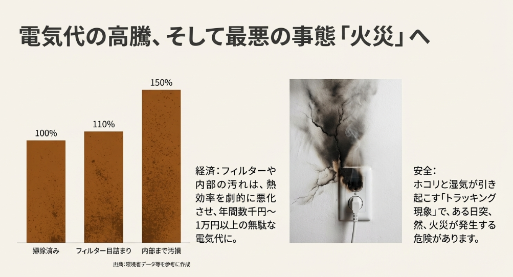 掃除済みを100%とした時のフィルター目詰まり（110%）と内部汚損（150%）の電気代比較グラフ、およびトラッキング現象によるコンセント火災のイメージ。