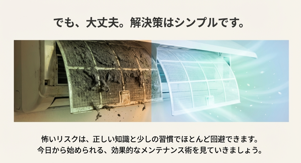 ホコリで真っ黒に汚れたフィルターと、洗浄後の清潔なフィルターのビフォーアフター。