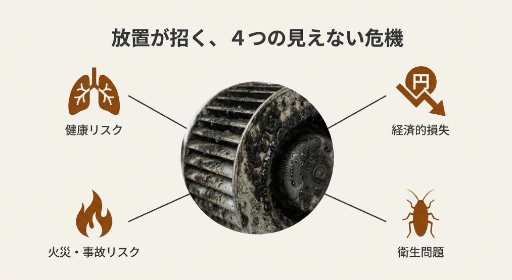 汚れたエアコン内部の画像を中心に、健康リスク、経済的損失、火災・事故リスク、衛生問題の4つの項目を示すインフォグラフィック。
