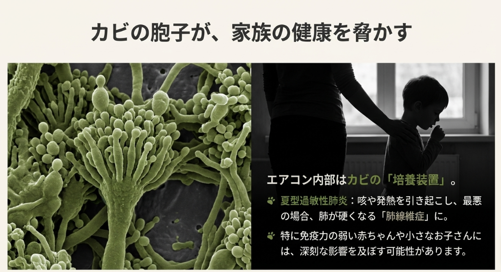 顕微鏡で見たカビの胞子と、咳き込む子供のシルエット。エアコン内部がカビの培養装置になる警告。