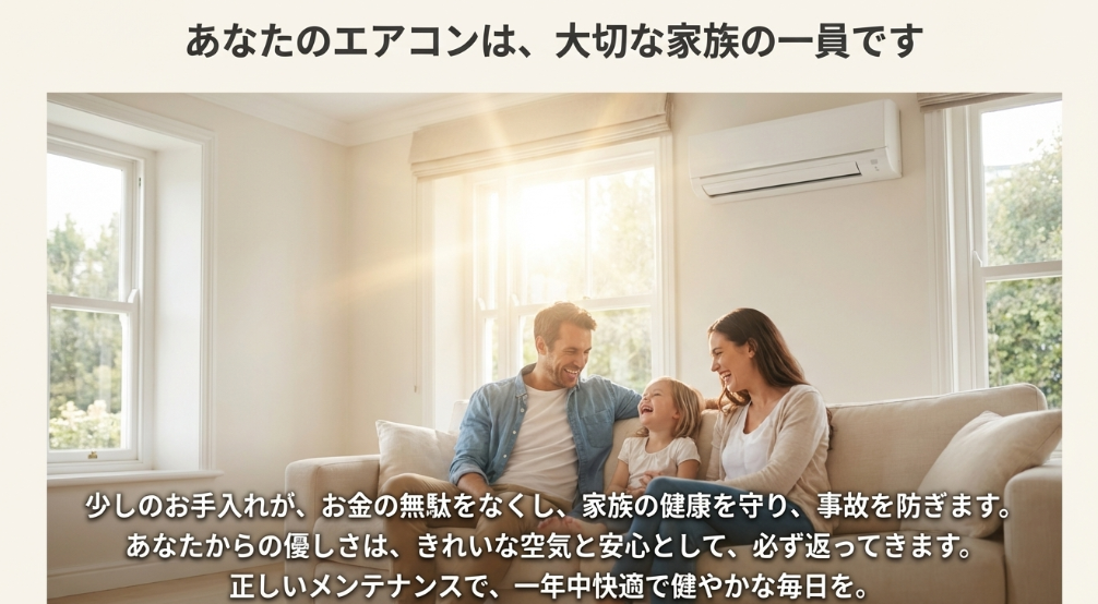 「エアコンは大切な家族の一員」というメッセージ。正しいお手入れで家族の健康と安心を守ることを呼びかけるクロージング。