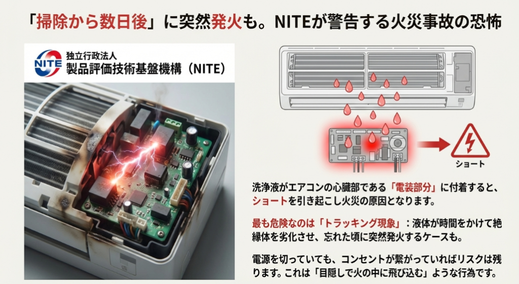 洗浄液が電装部分に付着してショートを引き起こし、掃除から数日後に突然発火するトラッキング現象の恐怖を説明するスライド