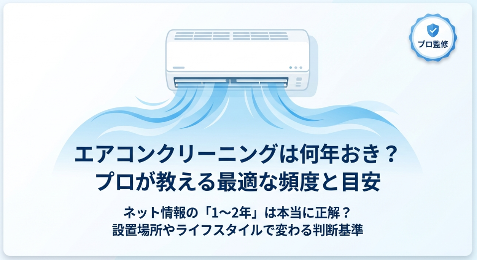 エアコンクリーニングは何年おきにすべきか、プロが教える最適な頻度と判断基準を解説するアイキャッチ画像。