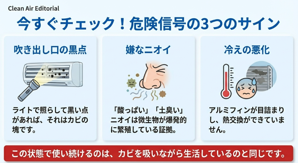 吹き出し口の黒い点、嫌なニオイ、冷えの悪化など、エアコンクリーニングが必要なサインをイラストで解説。
