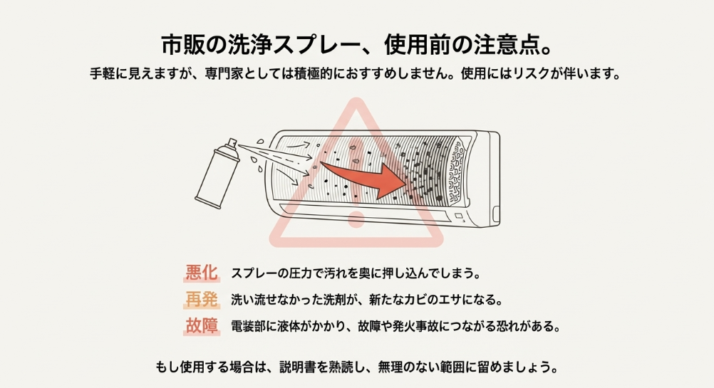 洗浄スプレーが汚れを奥に押し込み、残った洗剤がカビのエサになったり故障・発火の原因になるリスクを示す警告図