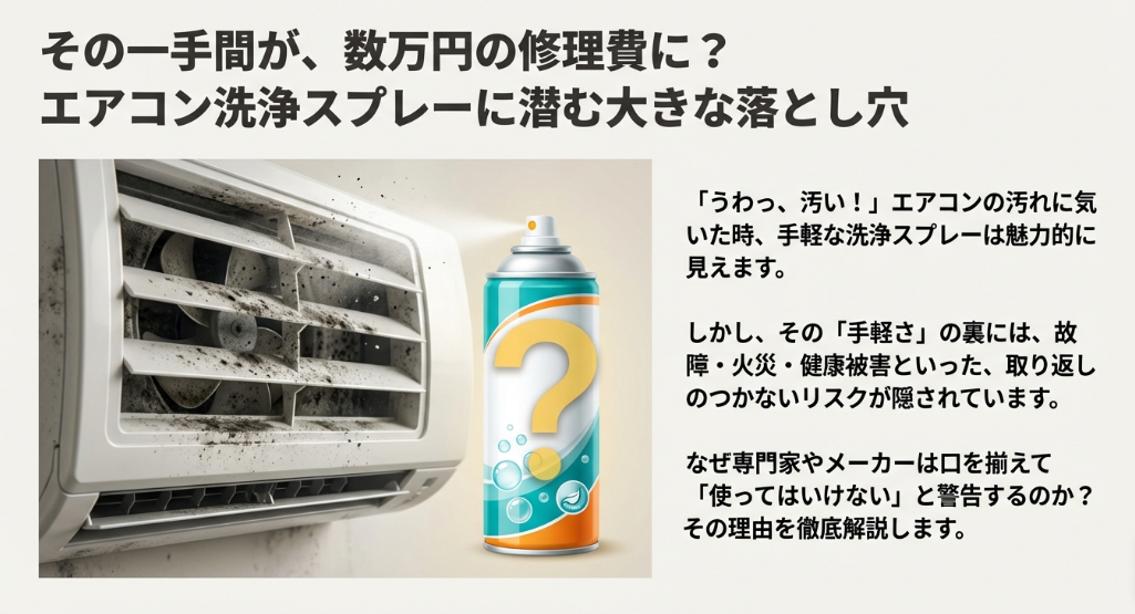 エアコン洗浄スプレーの手軽さの裏に隠された故障、火災、健康被害という取り返しのつかないリスクを紹介する導入スライド