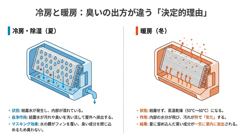 夏の冷房時の自浄作用と冬の暖房時の高温乾燥による臭いの放出の違いを比較した図解