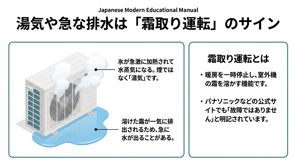 エアコンの霜取り運転中に室外機から発生する白い湯気や、溶けた霜が一気に排出される様子を説明したイラスト