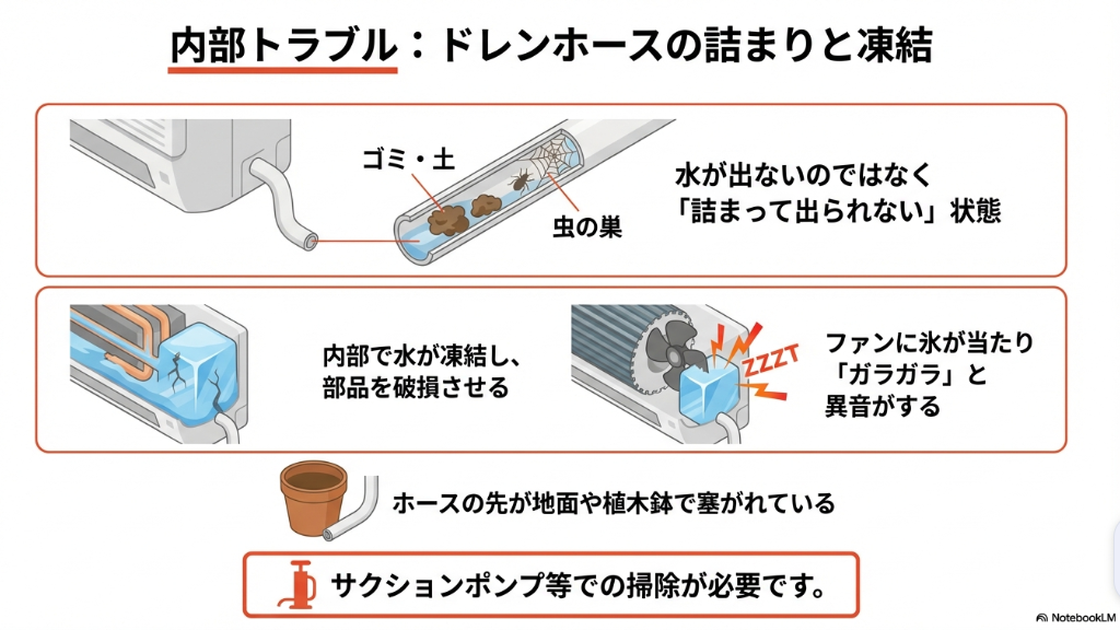 ゴミや虫の巣で詰まったドレンホース内で水が凍結し、室外機ファンに氷が当たって異音が発生するトラブルの図解イラスト
