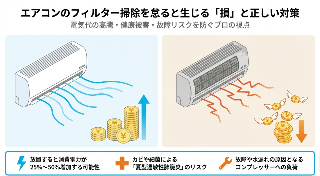 エアコンフィルター掃除を怠ることで生じる電気代高騰、健康被害、故障リスクの3大損失と対策をまとめた図解