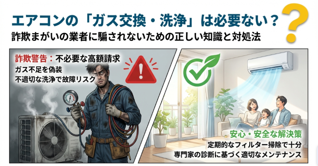 不当な高額請求やガス不足の偽装を警告するイラストと、定期的なフィルター掃除や専門家による適切なメンテナンスを推奨する比較図。