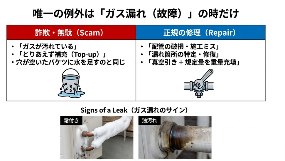 室外機の配管接続部の霜付きや油汚れの写真。単なる補充(無駄)ではなく、漏洩箇所の特定と規定量の充填が必要であることを示す比較表。
