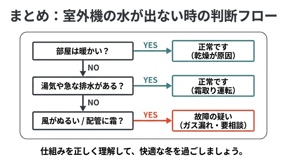 部屋の暖かさや湯気の有無によって、エアコンの状態が正常かガス漏れなどの故障疑いかを判断するためのフローチャート