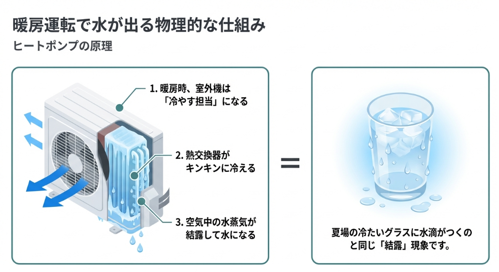 エアコン暖房時に室外機の熱交換器が冷えることで空気中の水蒸気が結露し、水が発生する物理的な仕組みのイラスト解説図