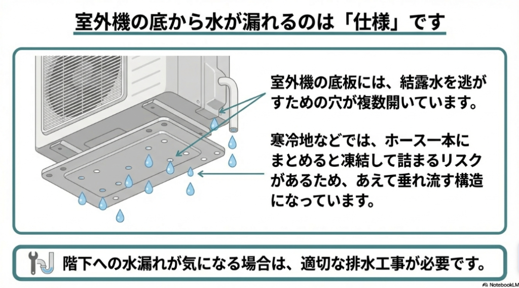 室外機の底板にある複数の結露水排出用の穴のイラストと、寒冷地等で凍結防止のためにあえて垂れ流す構造になっていることの説明