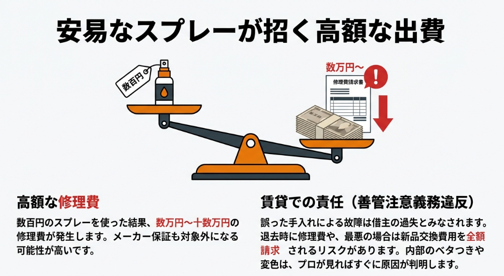 数百円のスプレーと数万円の修理代を天秤にかけたイラスト。賃貸での善管注意義務違反による高額請求の警告