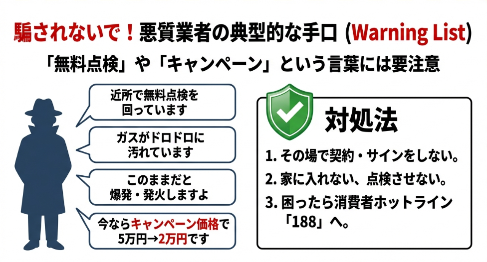 「無料点検」や「ガスが汚れている」「爆発する」といった不安を煽る悪質業者のトーク例と、その場で契約せず家に入れないなどの対処法リスト。