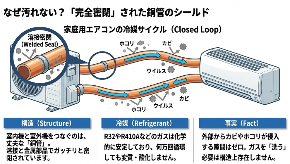 室内機と室外機を繋ぐ銅管が溶接でガッチリ密閉(Closed Loop)されており、外部からホコリやカビが侵入する隙間がゼロであることを示す構造図。