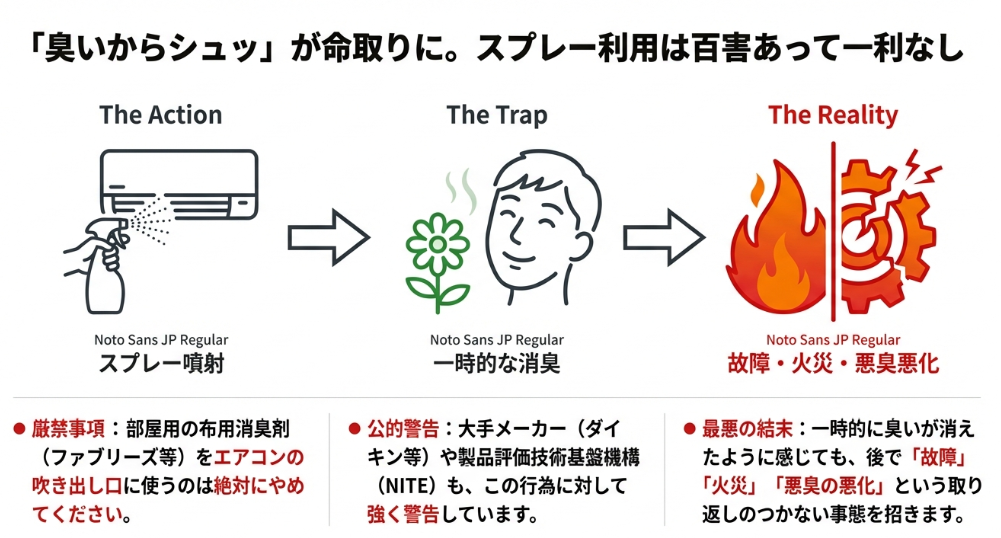 エアコンにスプレーをすると一時的に消臭されるが、結果として故障や火災、悪臭の悪化を招くという警告図解