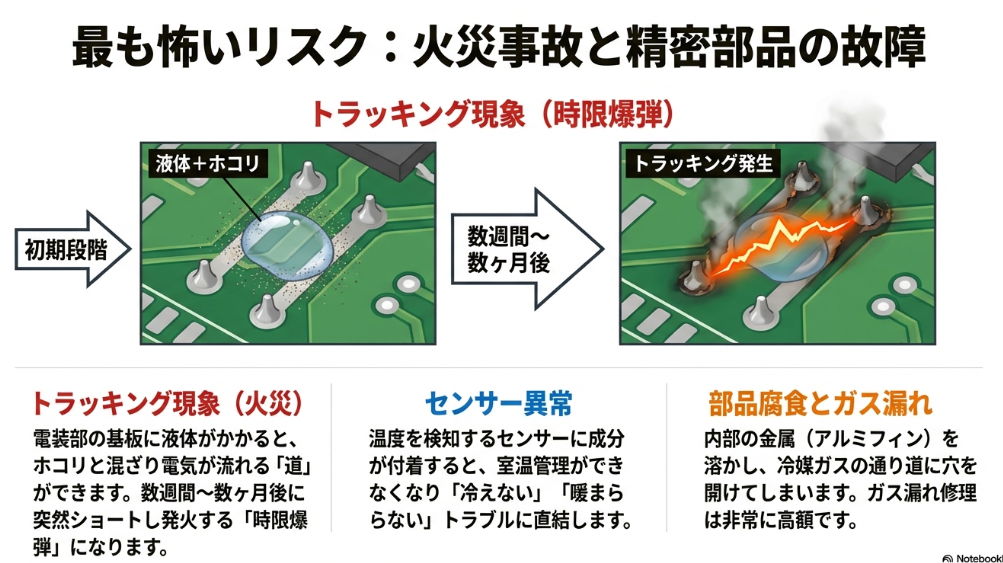 電装基板に液体がかかり数ヶ月後に発火するトラッキング現象の仕組みと、センサー異常、部品腐食の解説
