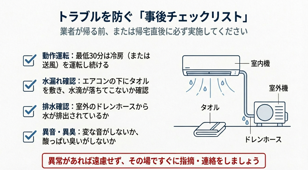 作業後の動作運転、水漏れ確認、排水確認、異音・異臭の有無を確認する図解チェックリスト。