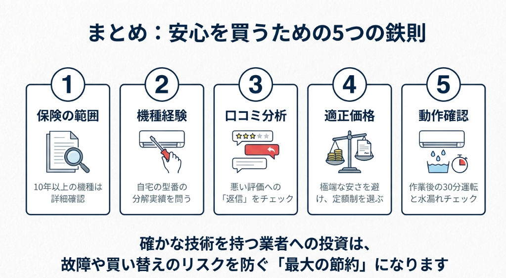保険の範囲、機種経験、口コミ分析、適正価格、動作確認の5項目をまとめた、失敗しないための最終チェック。