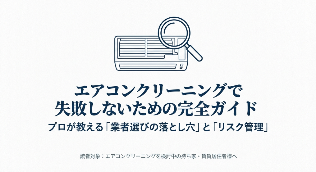 エアコンクリーニングで失敗しないための完全ガイド。プロが教える業者選びの落とし穴とリスク管理の表紙。