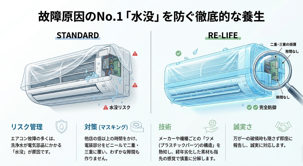 標準的な業者とリライフの養生（マスキング）の違いを比較。電装部品を二重・三重のビニールで覆い、故障原因No.1である水没リスクを完全に防御する技術の解説。