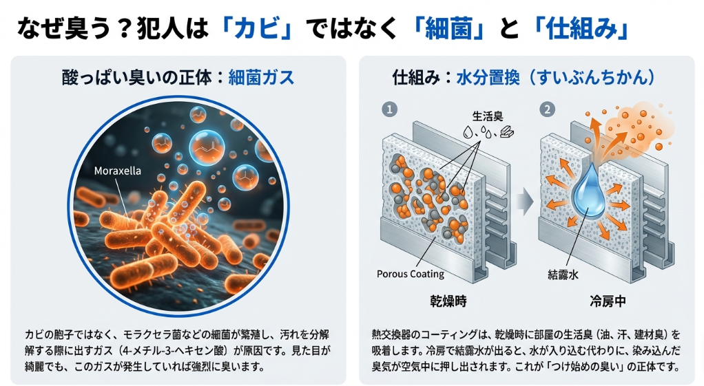 酸っぱい臭いの原因であるモラクセラ菌などの細菌ガスと、生活臭が放出される水分置換のメカニズムを説明する図解