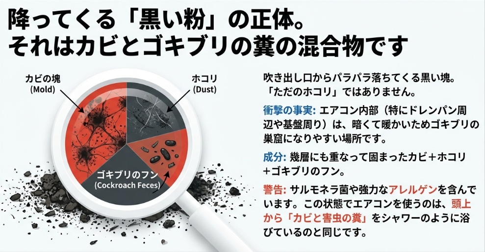 エアコンから落ちてくる「黒い粉」の成分分析図。カビの塊、ホコリに加え、ゴキブリのフンが含まれていることへの警告。