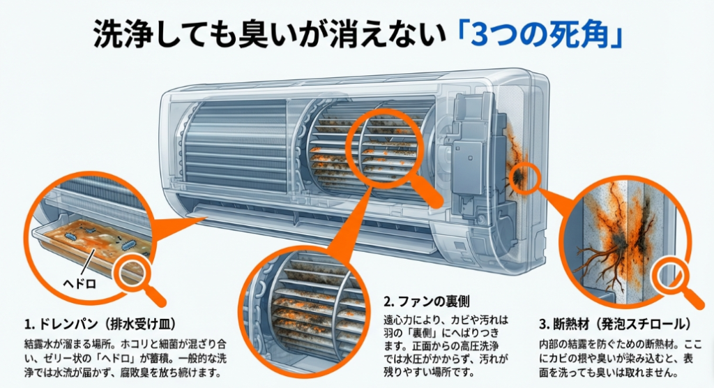 ドレンパンのヘドロ、ファンの裏側の汚れ、断熱材に染み込んだカビなど、一般的な洗浄では届かない箇所の解説