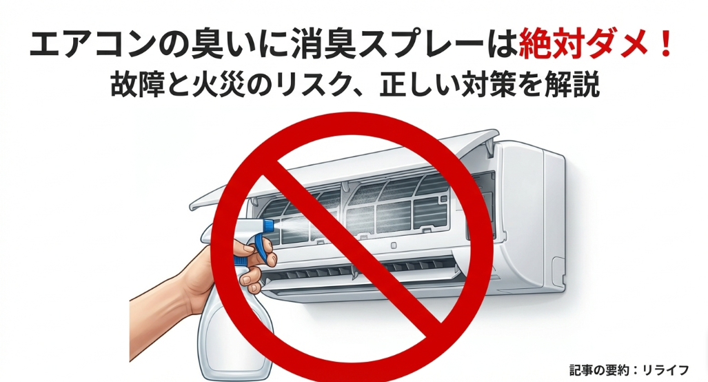 エアコンの吹き出し口にスプレーを吹きかける動作に大きな赤いバツ印がついた禁止アイコン