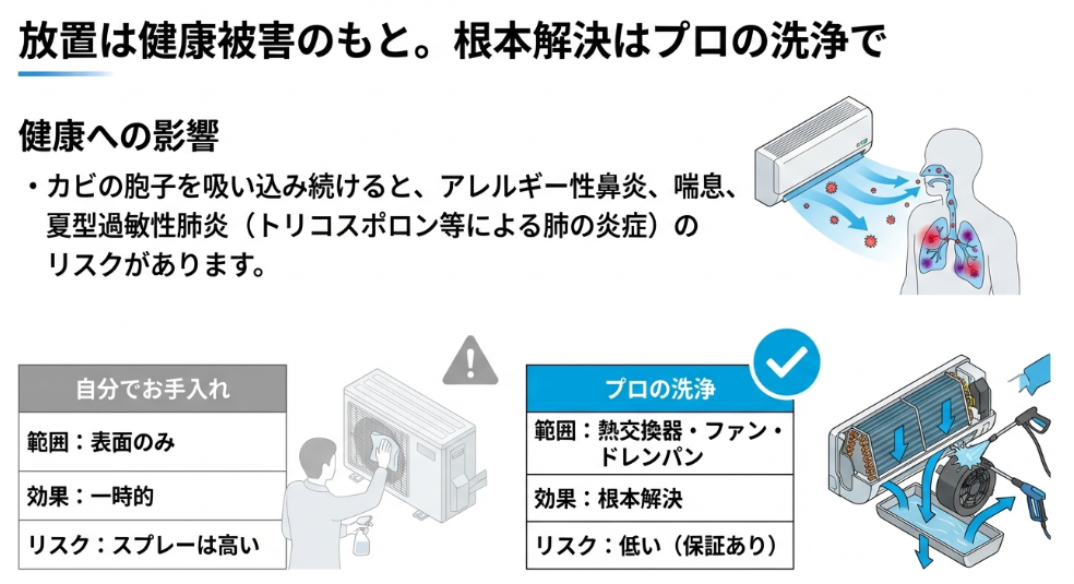 エアコンから放出されるカビの胞子が肺に吸い込まれ、アレルギーや夏型過敏性肺炎を引き起こす健康リスクのイメージ図