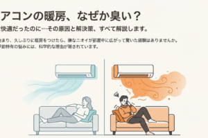 冷房時は快適に過ごす女性と、暖房時に嫌なニオイで鼻をつまむ男性の比較イラスト。