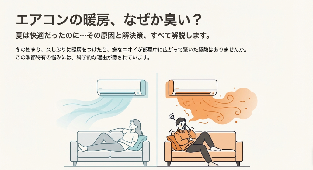冷房時は快適に過ごす女性と、暖房時に嫌なニオイで鼻をつまむ男性の比較イラスト。