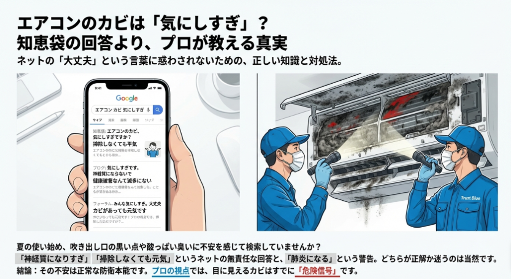 「エアコン カビ 気にしすぎ」とスマホで検索するユーザーのイラストと、実際に汚れたエアコンを点検するプロのクリーニング業者の比較イラスト。