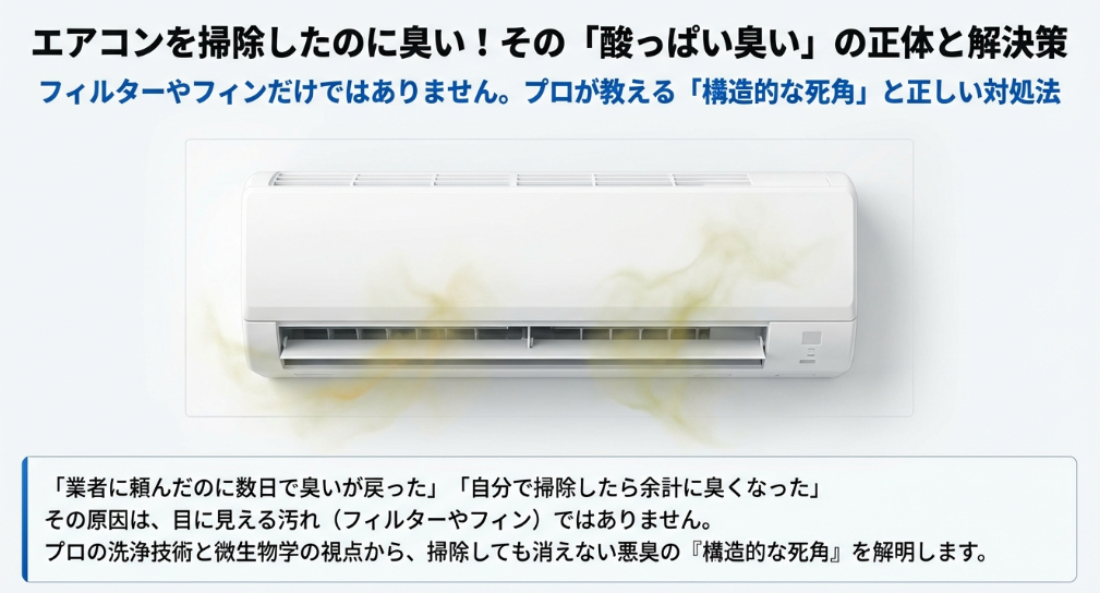 エアコンを掃除しても消えない臭いの原因がフィルターやフィンではなく内部の構造的な死角にあることを示す解説スライド