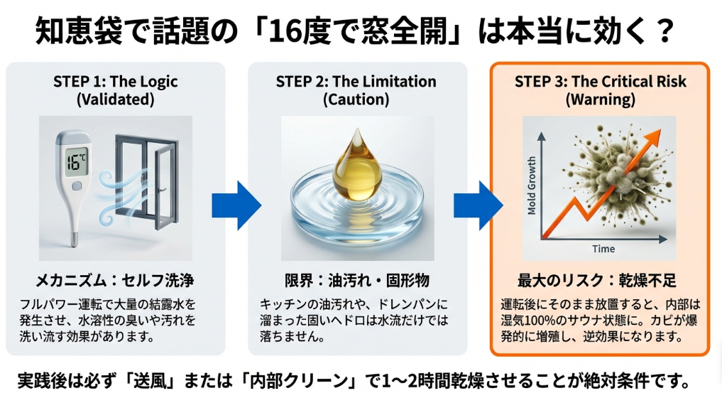 大量の結露水で汚れを流すメカニズムと、乾燥不足によりカビが爆発的に増殖するリスク、事後の乾燥の重要性を示すスライド