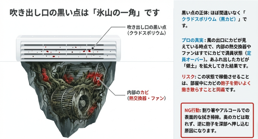 エアコンの吹き出し口に見える黒い点（クラドスポリウム）は、内部の熱交換器やファンで繁殖したカビがあふれ出した結果であることを示す図解。