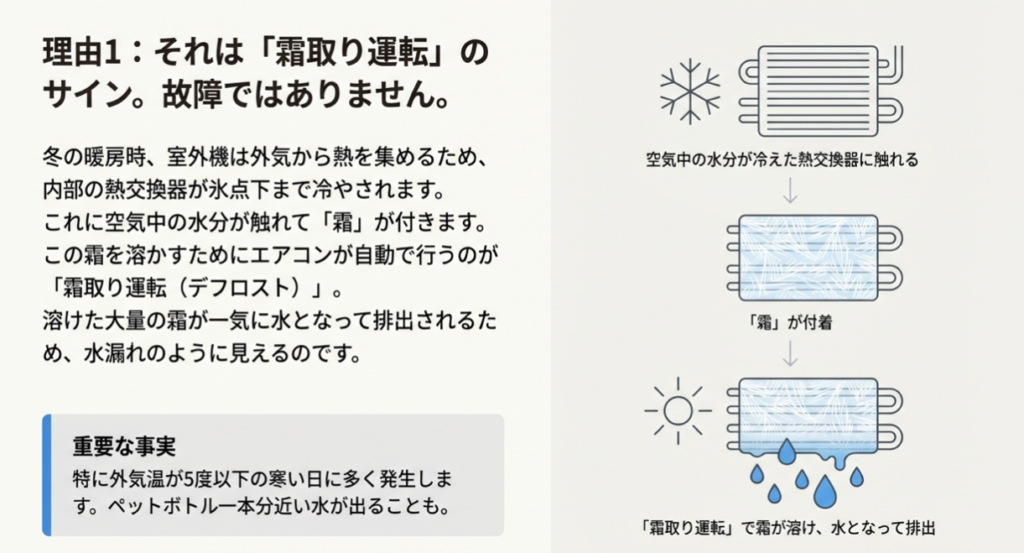 冬の暖房時に熱交換器に付着した霜が、霜取り運転によって水になり排出されるプロセスを説明する図解。外気温5度以下で発生しやすく、大量の水が出ることもある 。