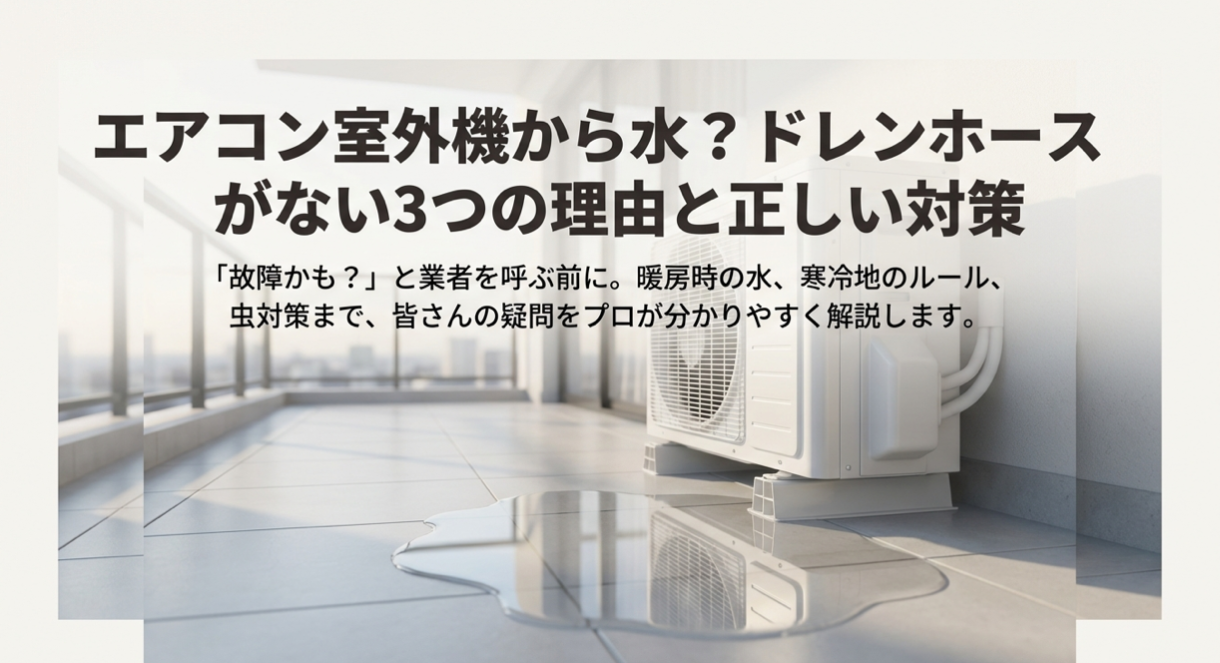 エアコン室外機から水が出るのはドレンホースがないからなのか解説する図