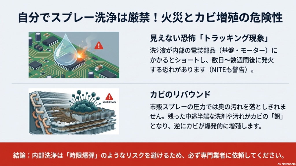 自分で洗浄スプレーを使用すると電装部品がショートして発火する恐れや、汚れが残ってカビが爆発的に増殖するリスクの図解