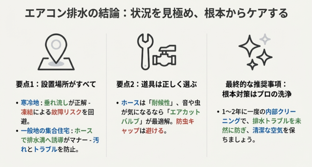 寒冷地は垂れ流し、一般地はホース誘導という結論と、根本解決には1〜2年に一度のプロによる内部洗浄が有効であることを示すまとめ図