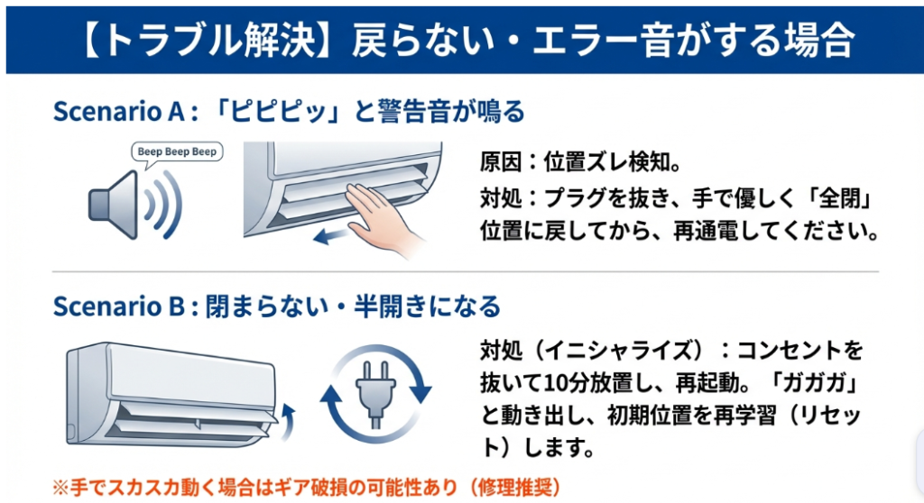 位置ズレによる警告音や、再起動によるイニシャライズ（初期設定）のトラブル解決図解