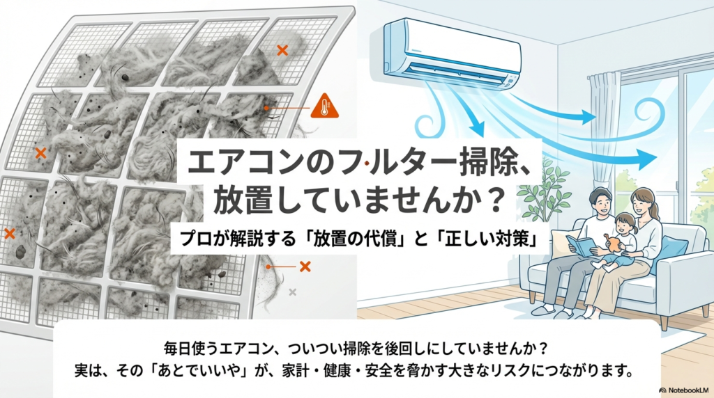 エアコンのフィルター掃除を放置した場合の代償と正しい対策についてプロが解説するタイトルスライド。