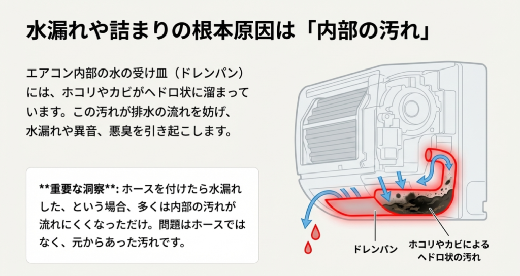 エアコン内部のドレンパンにホコリやカビがヘドロ状に溜まり、排水を妨げて水漏れや異音を引き起こす様子を示した断面図