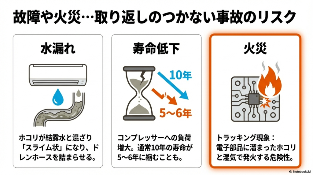 ホコリが原因でドレンホースが詰まる水漏れや、寿命が10年から5〜6年に縮むリスク、トラッキング現象による火災の図解。