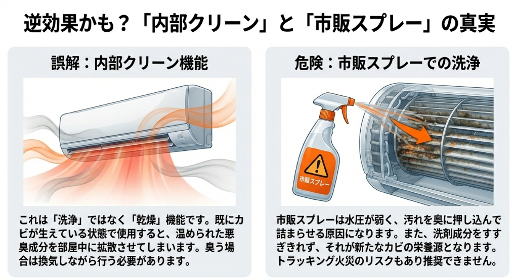 内部クリーンは乾燥機能であること、市販スプレーは汚れを奥に押し込みカビの栄養源や火災リスクになることを説明する図