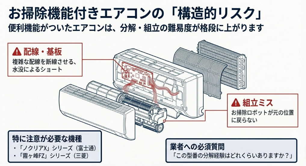 お掃除機能付きエアコンの複雑な配線・基板への水没リスクや、組立ミスによる故障、注意が必要な機種（ノクリアX、霧ヶ峰FZ）の解説。