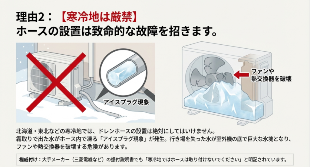 寒冷地でドレンホースを設置すると水が凍るアイスプラグ現象が発生し、巨大な氷塊がファンや熱交換器を破壊する様子を描いた警告図。大手メーカーも設置を禁止している 。